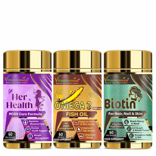 Vitaminnica Her Health+ Omega3+ Biotin- Combo Pack| 180 Capsules