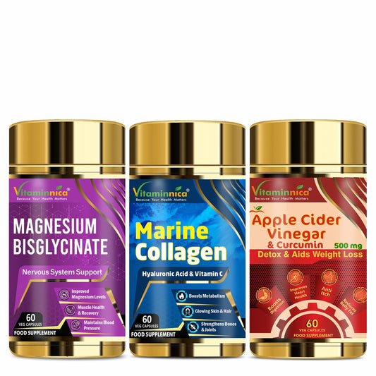 Vitaminnica Magnesium Bisglycinate+ Marine Collagen+ Apple Cider Vinegar & Curcumin- Combo Pack| 180 Capsules