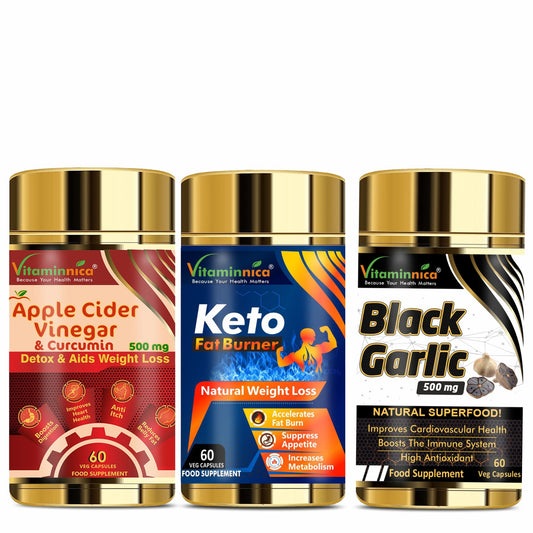 Weight Management Bundle- Vitaminnica Apple Cider Vinegar & Curcumin+ Keto Fat Burner+ Black Garlic- 180 Capsules